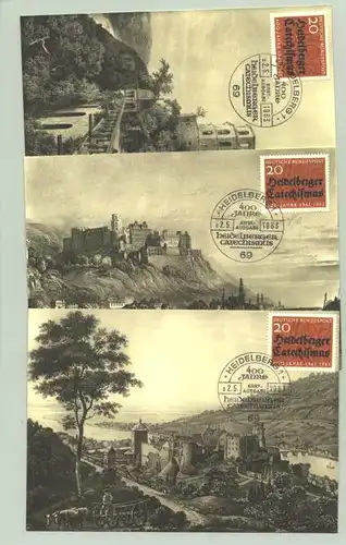 (1019598) 3 herrliche Ansichstkarten mit Motiven aus Heidelberg. Auf jeder Karte befindet sich eine Sonder-Briefmarke 'Heidelberger Catechismus', die mit dem entspr. Sonderstempel von 1963 abgestempelt sind