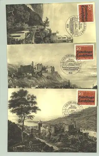 () 3 herrliche Ansichstkarten mit Motiven aus Heidelberg. Auf jeder Karte befindet sich eine Sonder-Briefmarke 'Heidelberger Catechismus', die mit dem entspr. Sonderstempel von 1963 abgestempelt sind