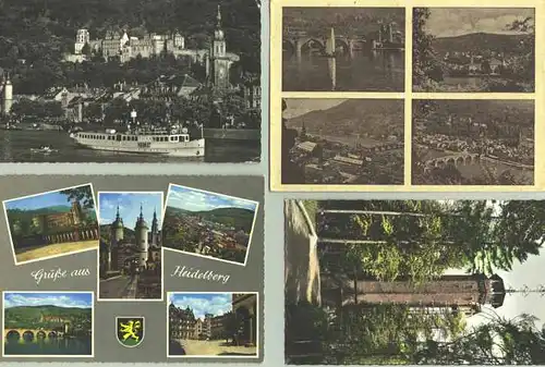 ()  4 alte Ansichtskarten mit Motiven aus Heidelberg. Nur 1 AK beschrieben und postalisch gelaufen mit Marke und Stempel von 1958