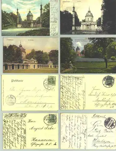 (1019567)  4 alte Ansichtskarten mit Motiven aus Schwetzingen. mit Marke u. Stempel von 1905, 1910, 1912 (Bahnpoststempel), 1914.  / 1 x Eckknick
