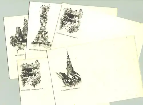 (1019589)   5 alte Ansichtskarten mit kleinen, fein gezeichneten Motiven aus Heidelberg. Rueckseite Anschriftenfelder, nicht beschrieben. Heidelberger Verlagsanstalt. 1950er Jahre ?