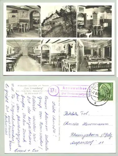 () Alte Ansichtskarte "Bonsweiher im Odenwald / Gasthaus zum Linnenberg". mit Marke u. Stempel nebst Posthilfestempel von Bonsweiher v. 1958