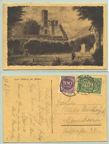 () Alte Ansichtskarte "Ruine Dilsberg am Neckar". PLZ-Bereich pauschal 69151. Beschrieben und postalisch gelaufen mit Marke und Stempel von 1923