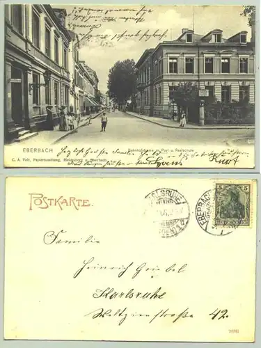 () Alte Ansichtskarte "Eberbach Bahnhofstrasse mit Post und Realschule". mit Marke und Stempel von 1906