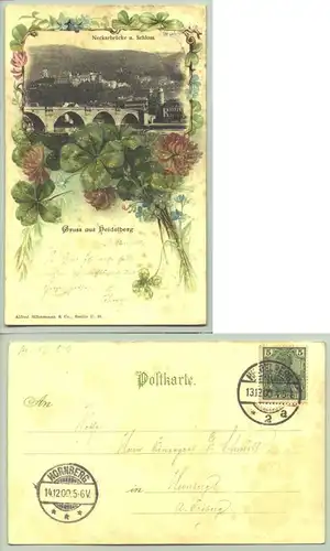 (1019280) Alte Ansichtskarte "Gruss aus Heidelberg". Die Kleeblumen in der Mitte sind mit Glimmer überzogen. 1900