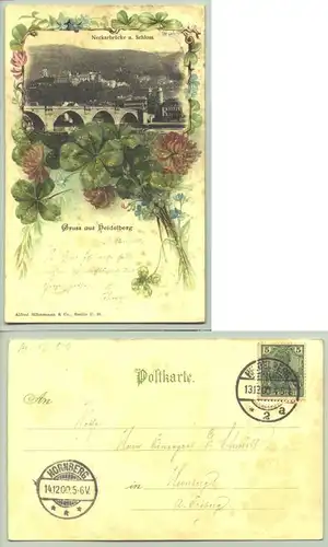 () Alte Ansichtskarte "Gruss aus Heidelberg". Die Kleeblumen in der Mitte sind mit Glimmer überzogen. 1900