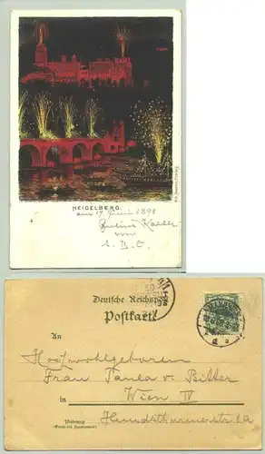 (1019600) Alte Ansichtskarte aus Heidelberg mit huebschem Schlossbeleuchtungs-Motiv. 1898
