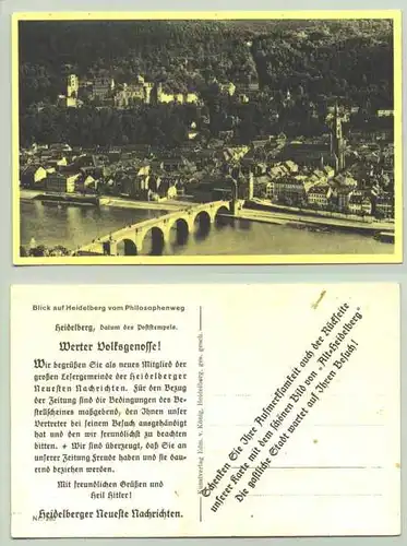 () Alte Ansichtskarte um 1935 "Heidelberg" mit rueckseitigem Werbeaufdruck für die 'Heidelberger Neueste Nachrichten'