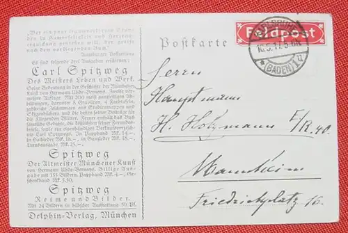 () Hübsche Feldpost-Vignette u. klarer Stempel, Karlsruhe, 10.5, 1917 auf Spitzweg-Postkarte "Der Witwer". Werbetext von Delphin-Verlag, München