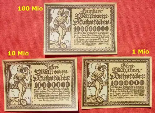 (1049589) 3 verschiedene "Millionen" Ruhrtaler 1923. Propaganda gegen Belgien / Frankreich