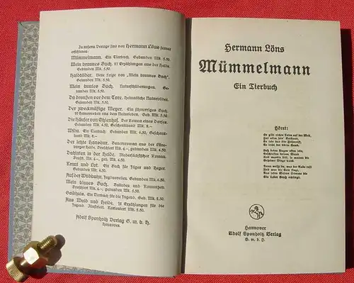 () "Mümmelmann" - Ein Tierbuch. Hermann Löns. Hannover um 1919. Siehe bitte Beschreibung u. Bilder