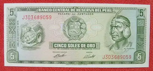(1049219) Banknote / Geldschein Peru : Cinco Soles de Oro, Lima 1974. Siehe bitte Beschreibung u. Bilder