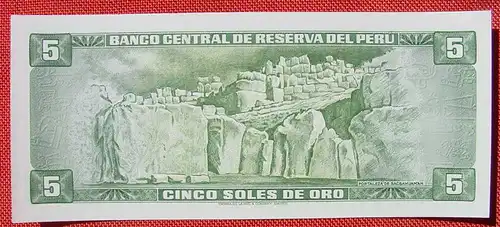 () Banknote / Geldschein Peru : Cinco Soles de Oro, Lima 1974. Siehe bitte Beschreibung u. Bilder