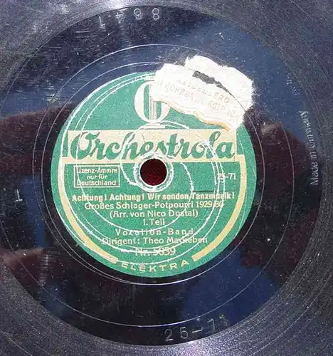 (2002365) Vocalion-Band. Schlager-Potpourri 1929/30. Auf alter Schellack-Schallplatte. Siehe bitte Beschreibung u. Bilder