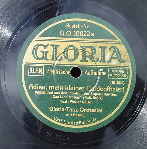 () Gloria-Tanz-Orchester mit Gesang. Marschlied ... Alte Schellack-Schallplatte. Siehe bitte Beschreibung u. Bilder