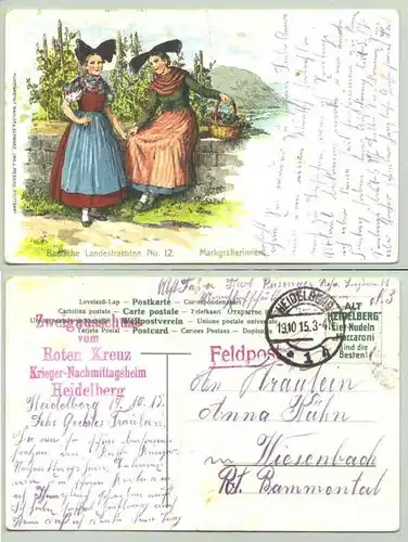 (1019581) Heidelberg. Alte Motiv-Ansichtskarte "Badische Landestrachten" Nr. 12 mit rueckseitigen Stempeln, u. a. Zweigausschuss vom Roten Kreuz Krieger-Nachmittagsheim