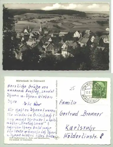 (1019872) Ansichtskarte "Mörlenbach im Odenwald". PLZ-Bereich pauschal 69509. Beschrieben u. postalisch gelaufen mit Marke u. Stempel von 1956
