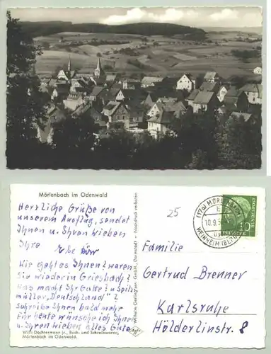 () Ansichtskarte "Mörlenbach im Odenwald". PLZ-Bereich pauschal 69509. Beschrieben u. postalisch gelaufen mit Marke u. Stempel von 1956