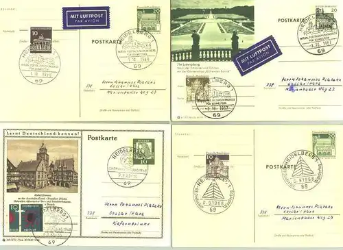 (1019595)  4 Postkarten / Ganzsachen, die postalisch gelaufen sind. Alle mit Sonderstempel von Heidelberg in den Jahren 1963 - 1968