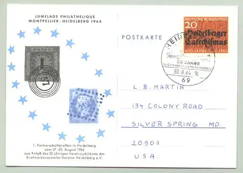 () Sonder-Postkarte mit einem Sonderstempel "Heidelberg - 50 Jahre Briefmarken-Sammler-Verein 30. 8. 1964"