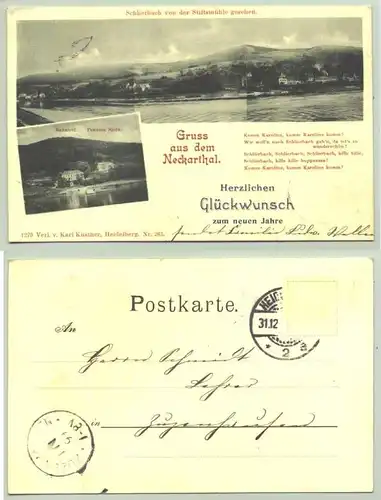 (1019291) Ansichtskarte "Gruss aus dem Neckarthal - Herzlichen Glueckwunsch zum neuen Jahr - Schlierbach von der Stiftsmuehle gesehen - Bahnhof - Pension Spitz"