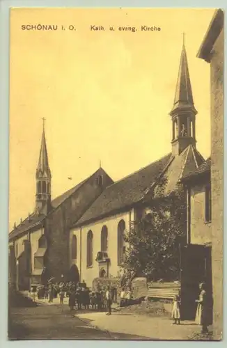 (1019730) Ansichtskarte "Schönau i. O. / Kath. u. evang. Kirche"
