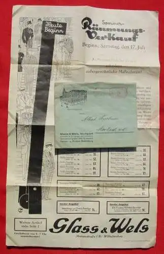 Alter Reklame-Brief Stuttgart, Fa. Glass u. Wels - "Spezialhaus großen Stils für bessere Herren- u. Knaben-Bekleidung". 1936 (intern : ) Gebrauchter Briefumschlag mit grosser Reklame-Beilage einer Stuttgarter Firma. PLZ-Bereich pauschal 70173...