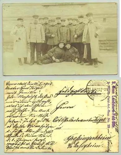 (1020114-70173) Alte, private Foto-Ansichtskarte mit militärischer Aufnahme in Cannstatt stationierter Soldaten (?). Beschrieben u. postalisch gelaufen als Feldpostkarte 1915. Poststempel "Cannstatt 21. Jan 1915" und militär. Stempel : "3. Neue...