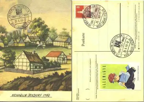 (1016874-12045) Alte Ansichtskarte : Neukölln-Rixdorf 1790 auf Postkarte montiert. Beschrieben u. postalisch gelaufen mit Marke, Vignette u. drei herrlichen Sonderstempel zur 600-Jahrfeier von Berlin-Neukölln 1960