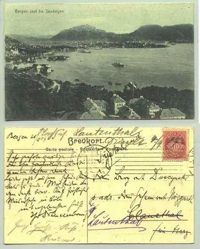 Bergen, Norwegen, 1907 ()  Ansichstkarte. Postalisch gelaufen 1907