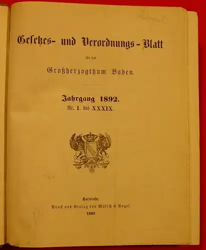 Grosshzgt. BADEN Gesetze Jahrgang 1892 (0080096)