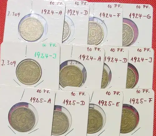 (1048071) 19 x Deutsches Reich 10 Pfennig (J. 309 + J. 317), aus 1924-1936, siehe bitte Beschreibung u. Bilder