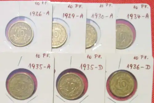 () 19 x Deutsches Reich 10 Pfennig (J. 309 + J. 317), aus 1924-1936, siehe bitte Beschreibung u. Bilder