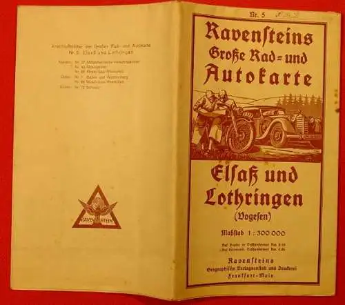 ! Neu u. gültig : Versandkosten ab Euro 2,50 ! (intern : ) Elsass und Lothringen.  Autokarte 1941.  "Elsass und Lothringen (Vogesen)". Ravensteins Grosse Rad- und Autokarte Nr. 5. 1 : 300.000. Aufgefaltet im Grossformat ca. 67 x 85 cm. Verlag...