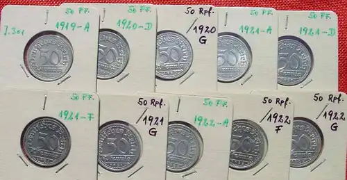 (1048077) 10 x Deutsches Reich 50 Pfennig, aus 1919-1922, siehe bitte Beschreibung u. Bilder