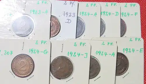 () 13 x Deutsches Reich 2 Pfennig, aus 1923-1936, siehe bitte Beschreibung u. Bilder