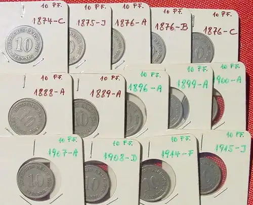 () 14 x Deutsches Reich 10 Pfennig (J. 4 + J. 13), aus 1874-1915, siehe bitte Beschreibung u. Bilder