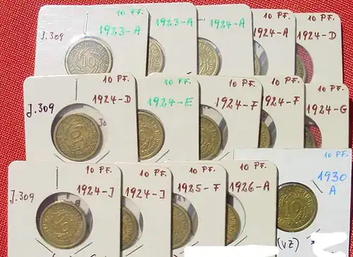 (1048105) 25 x Deutsches Reich 10 Pfennig (J. 309 + J. 317), aus 1923-1936, siehe bitte Beschreibung u. Bilder