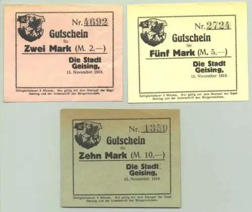 () 3 x sehr gut erhaltene Gutscheine von 1918 : "Die Stadt Geising, 15. Nov. 1918" Werte : 2,-Mark / 5 Mark, 10 Mark 1918. Für Heimtsamler : heutiger PLZ-Bereich pauschal 01778  # Notgeld # Inflation # Banknoten