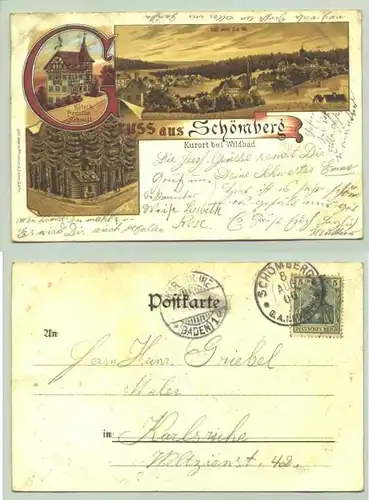 (75328-021) Ansichtskarte. "Gruss aus Schömberg". Beschrieben u. postalisch gelaufen mit Marke u. Stempel von 1906. Lith. v. Pfisterer   Leser, Lahr