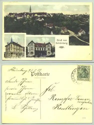 (75328-011) Ansichtskarte. "Gruss aus Schömberg". Beschrieben u. postalisch gelaufen mit Marke u. Stempel von 1912. Verlag Joh. Soell, Schömberg