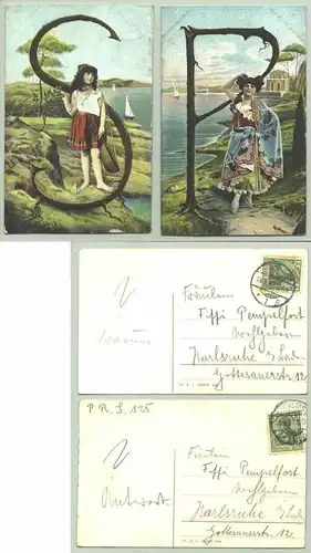 (1025188) 2 x alte Buchstaben-Ansichtskarten, postalisch gelaufen 1907. TH. E. L. Serie 994
