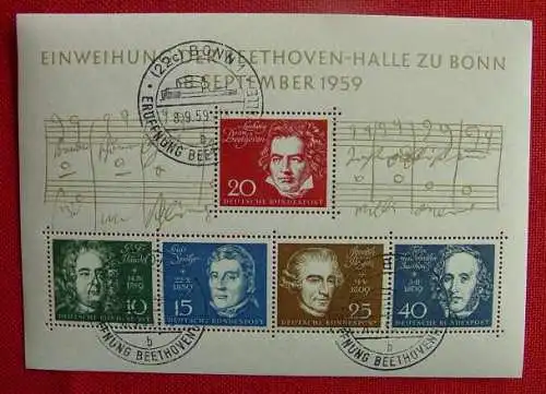 Postfrischer Beethoven-Block ist abgestempelt mit Beethoven-Sonderstempel 'Bonn - 8.9.1959'. Sehr gut erhalten ! (intern : ) Diverse philatelistische Belege werden gratis zum Versand beigelegt.  Bitte daran zu erinnern.