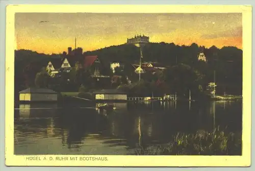 (1017899-45127) Alte Ansichtskarte "Hügel a. d. Ruhr mit Bootshaus".  Beschrieben u. postalisch gelaufen mit Feldpost-Stempel von 1915. links unten Knick.