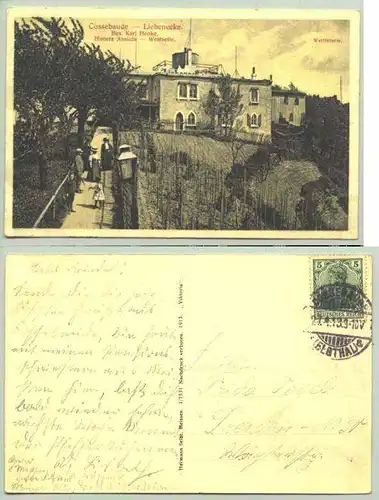 ()  Alte Ansichtskarte. "Cossebaude Liebenecke. Bes. Karl Henke. Hintere Ansicht". PLZ-Bereich 01156. Beschrieben u. postalisch gelaufen mit Marke u. Stempel von 1913