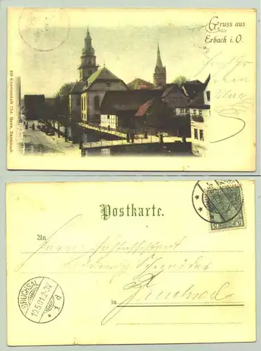 (1019227-64711)  Alte Ansichtskarte "Gruss aus Erbach i. O.". Beschrieben u. postalisch gelaufen mit Marke u. Stempel v. 1901 / winziger Riss unten rechts. 