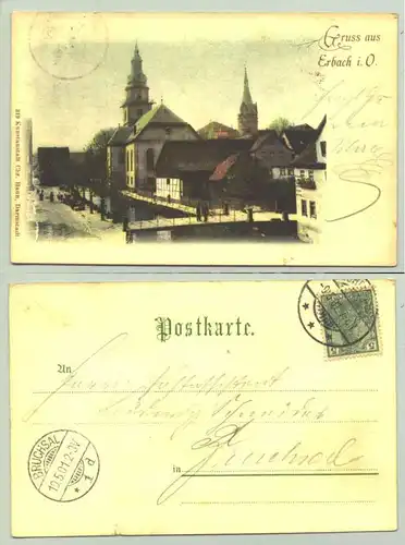 (-64711)  Alte Ansichtskarte "Gruss aus Erbach i. O.". Beschrieben u. postalisch gelaufen mit Marke u. Stempel v. 1901 / winziger Riss unten rechts. 