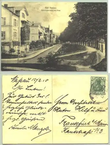 (-09623) Alte Ansichtskarte "Bad Nassau - Bahnhofstrasse mit Allee". Beschrieben u. postalisch gelaufen mit Marke u. Stempel von 1910. 