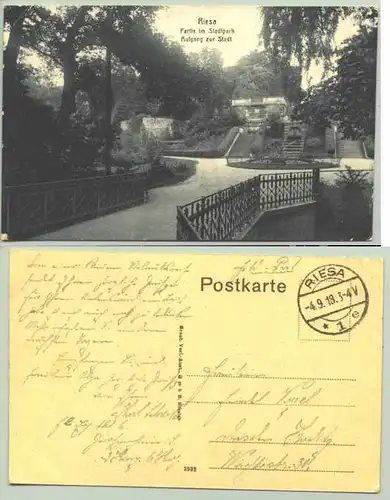 () Alte Ansichtskarte. "Riesa - Partie am Stadtpark". PLZ-Bereich 01589.   Europa >  Deutschland >   Sachsen >  Riesa (#13394) Beschrieben u. postalisch gelaufen per Feldpost 1918