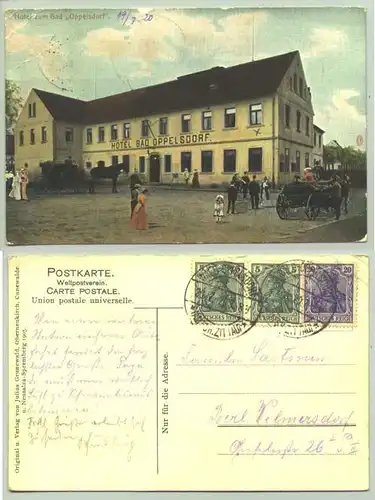 ()  Alte Ansichtskarte "Hotel zum Bad Oppelsdorf". (Schlesien). Beschrieben u. postalisch gelaufen mit Marke u. Stempel von 1920. Kleine Gebrauchsspuren.